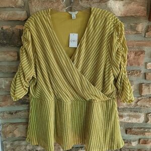 NWT Cato Faux Wrap Top Blouse Lime Green White Stripe Womens size XL